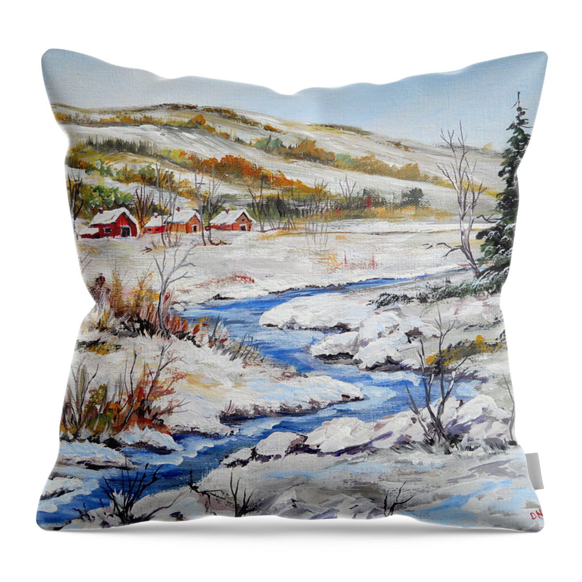 Winter Is Here Throw Pillow featuring the painting Winter in the Village by Dorothy Maier