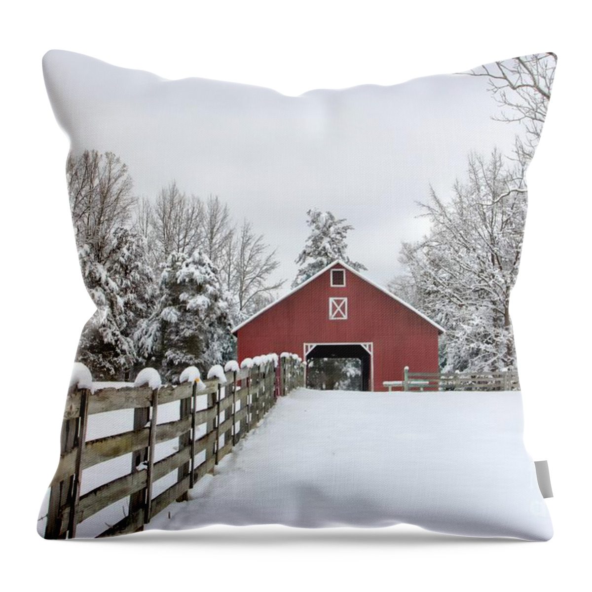 Red Barn Throw Pillow featuring the photograph Winter on the Farm by Benanne Stiens