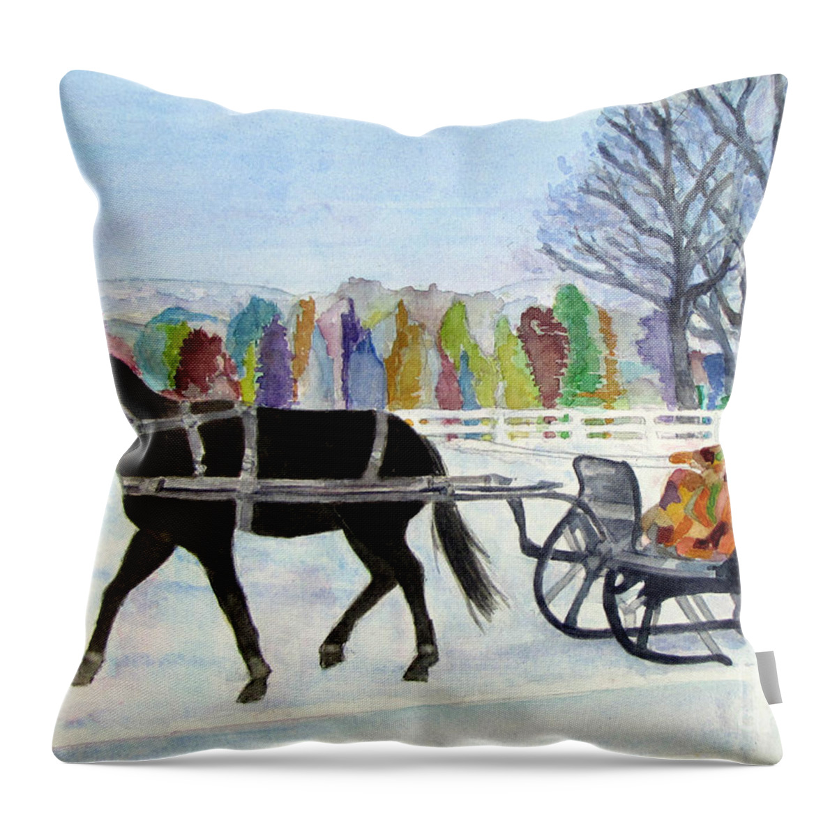 Winter Throw Pillow featuring the painting Winter Sleigh Ride by Carol Flagg