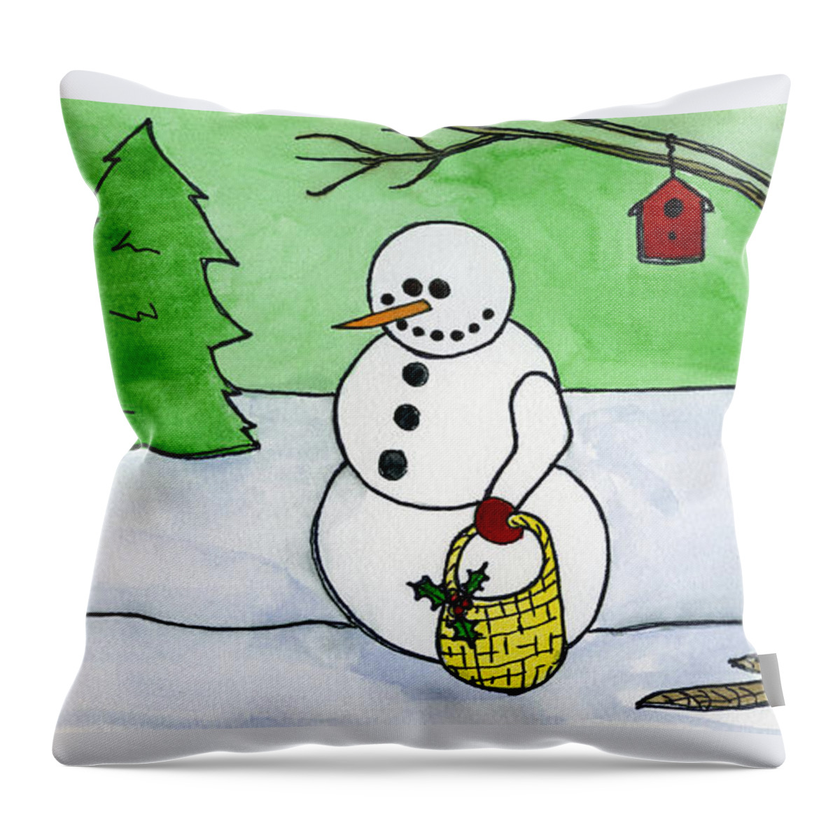 Norma Toons Throw Pillow featuring the painting Winter Snowman by Norma Appleton