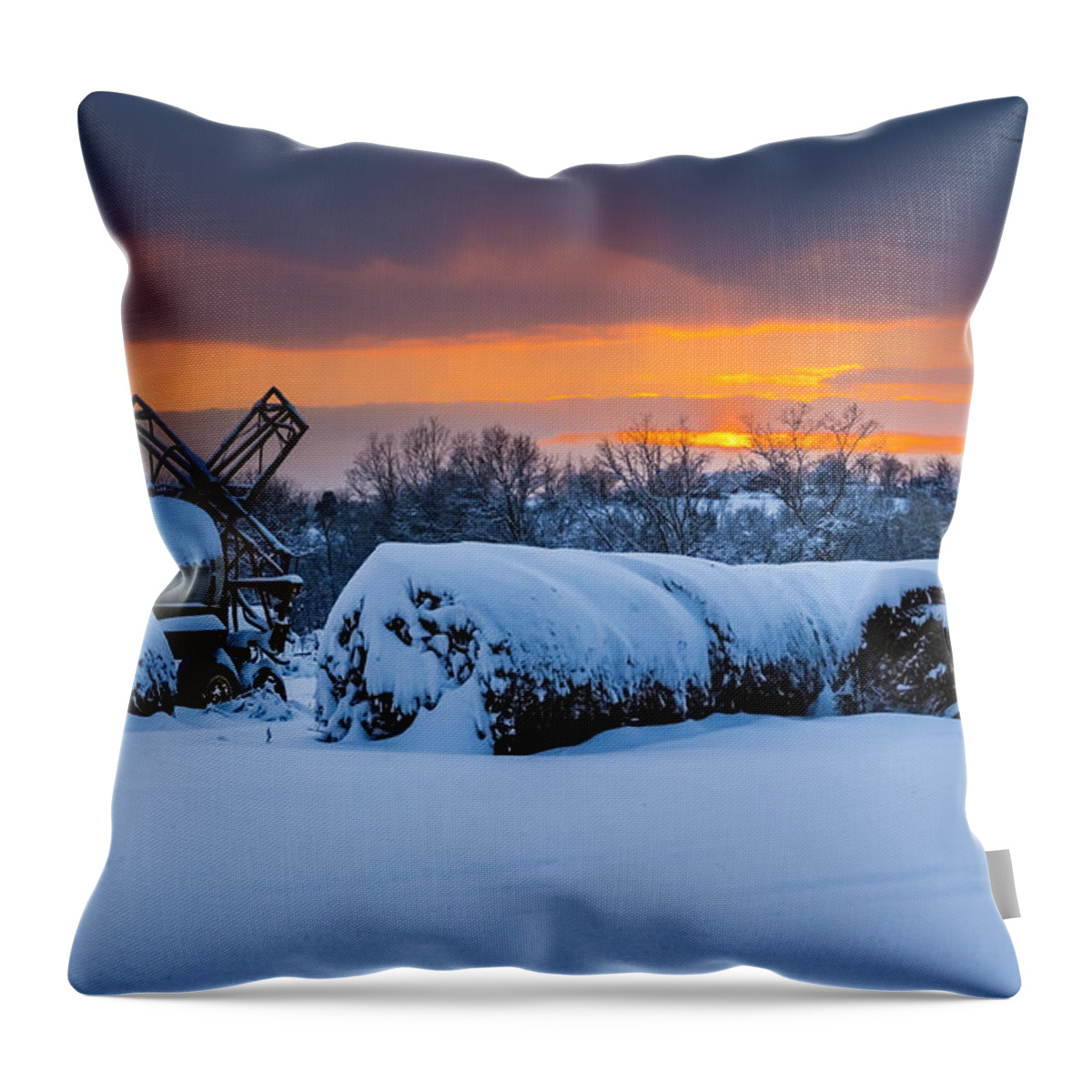 Snow Throw Pillow featuring the photograph Winter Sunset on the Farm by Holden The Moment