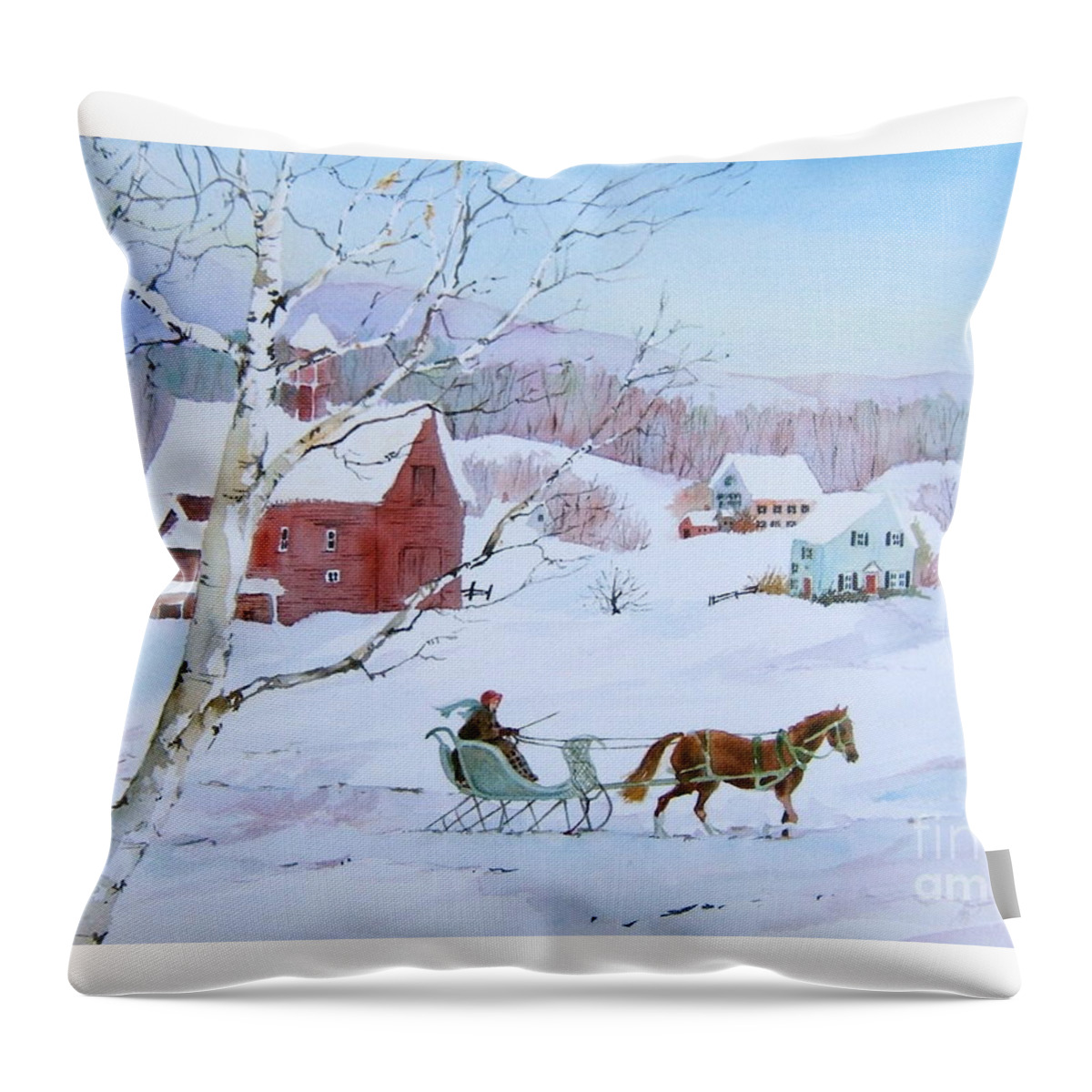 Sleighride Throw Pillow featuring the painting Winter Traveler by Sherri Crabtree