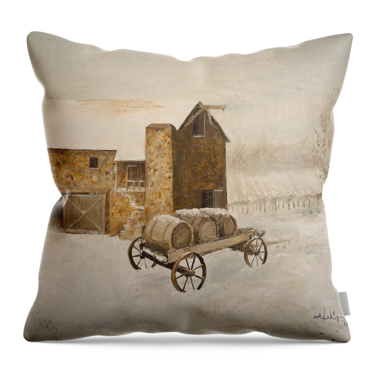 Landscape. Wine Throw Pillow featuring the painting Winter Wine by Alan Lakin