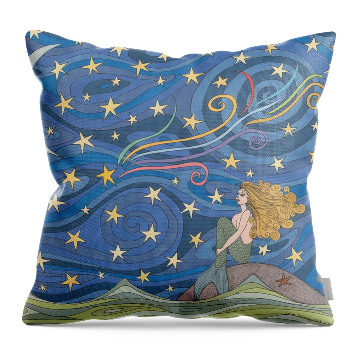 Mermaid Throw Pillow featuring the drawing Wishing by Pamela Schiermeyer