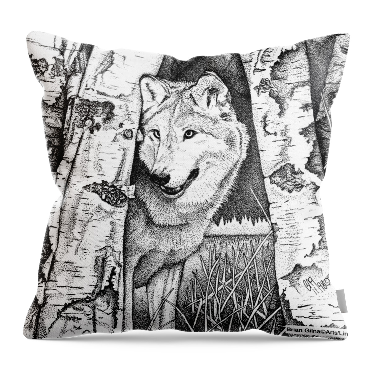  Throw Pillow featuring the drawing Wolf 02 by Brian Gilna