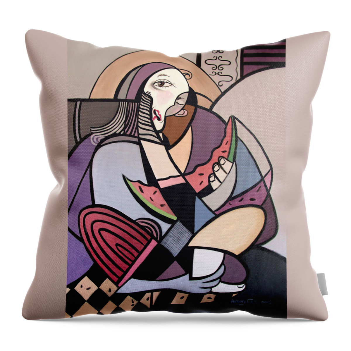 Woman Eating Watermelon Throw Pillow featuring the painting Woman Eating Watermelon by Anthony Falbo