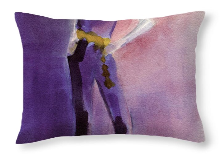 Fashion Throw Pillow featuring the painting Woman in a Purple Jumpsuit Fashion Illustration Art Print by Beverly Brown