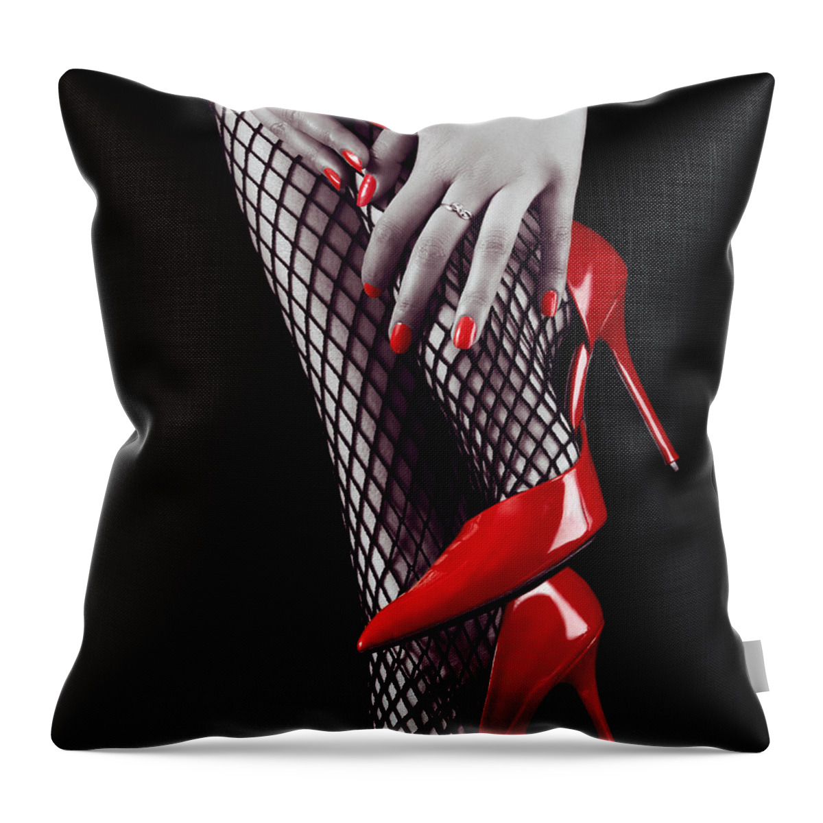 Shoes Throw Pillow featuring the photograph Woman legs in sexy red high heels and stockings by Maxim Images Exquisite Prints