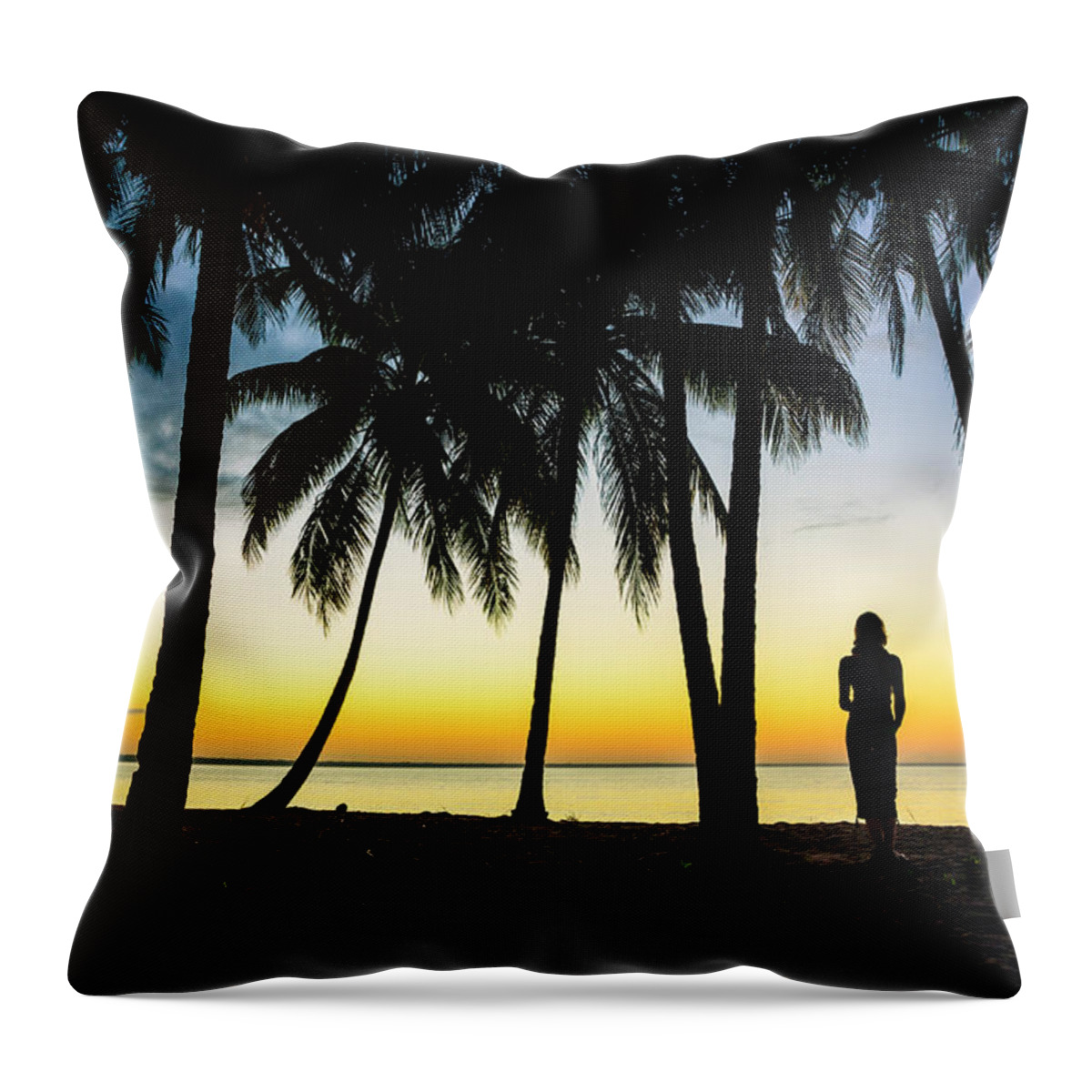 Scenics Throw Pillow featuring the photograph Woman On A Carribean Beach Watching by Spooh