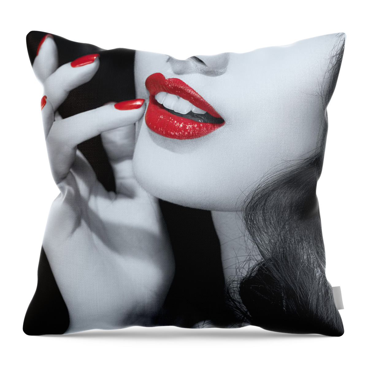 Lips Throw Pillow featuring the photograph Woman with red lipstick closeup of sensual mouth Black and white by Maxim Images Exquisite Prints