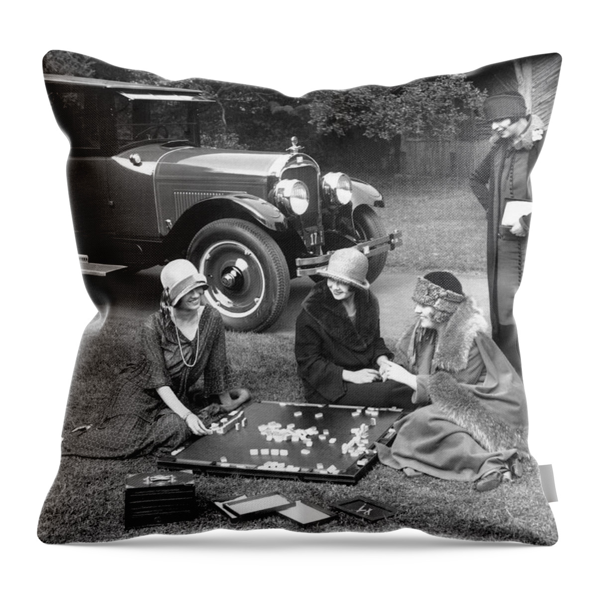 1920s Throw Pillow featuring the photograph Women Playing Mahjong by Underwood Archives