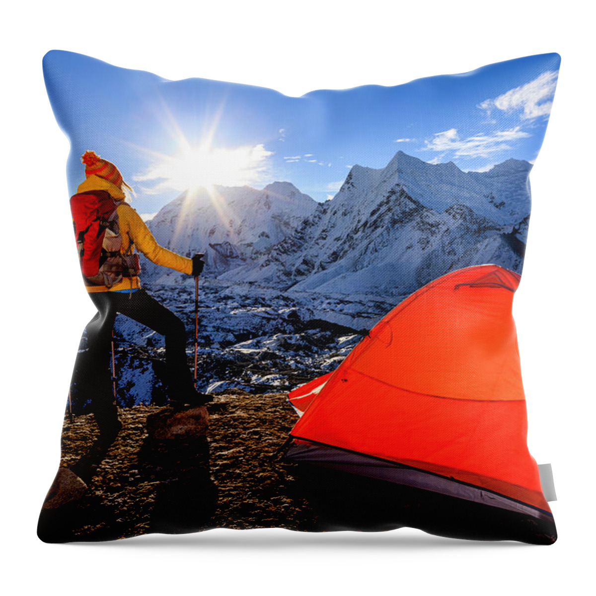 Tranquility Throw Pillow featuring the photograph Women Watching Sunrise In Himalayas by Bartosz Hadyniak