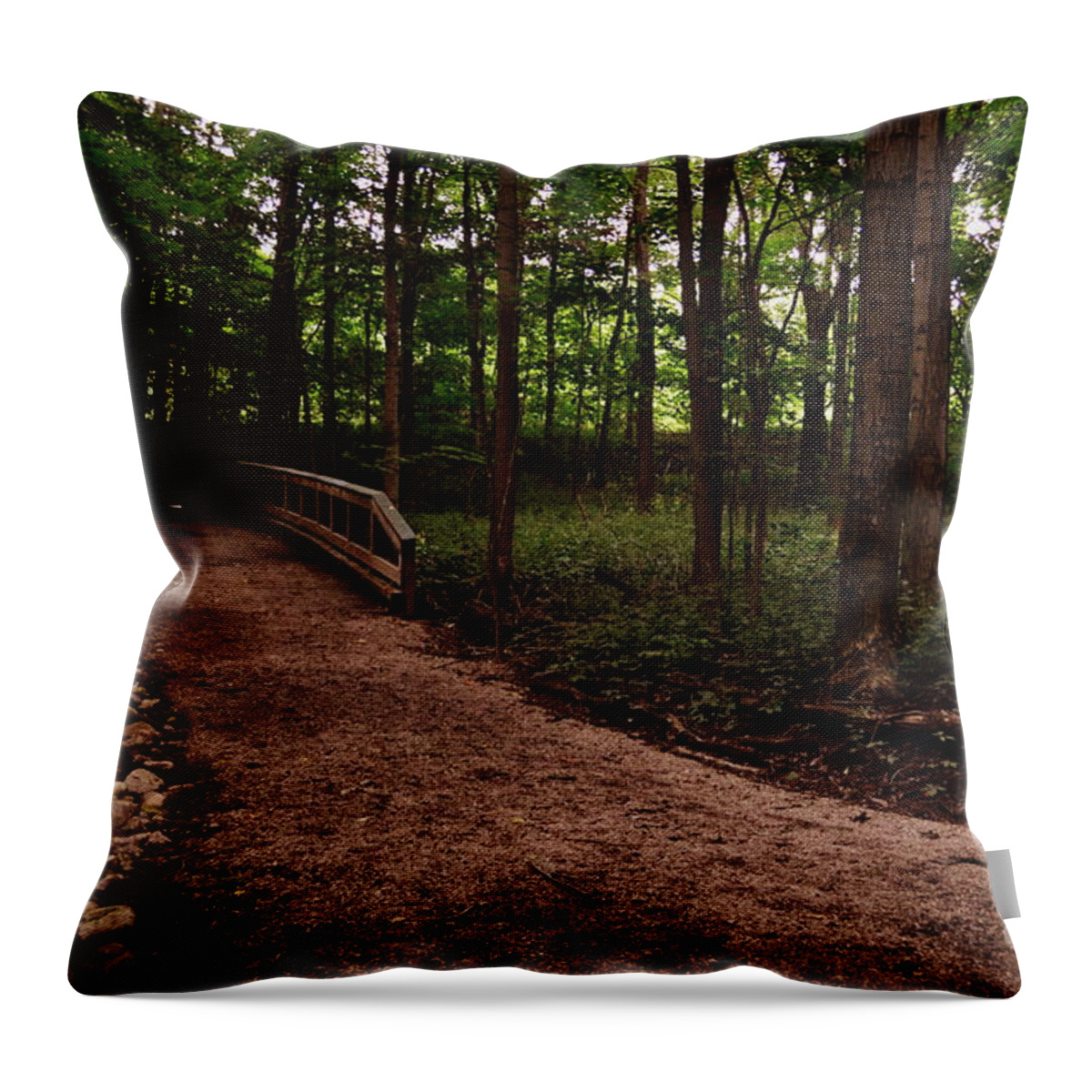 Wood Bridge Throw Pillow featuring the photograph Wood Bridge in Forest by Amy Lucid