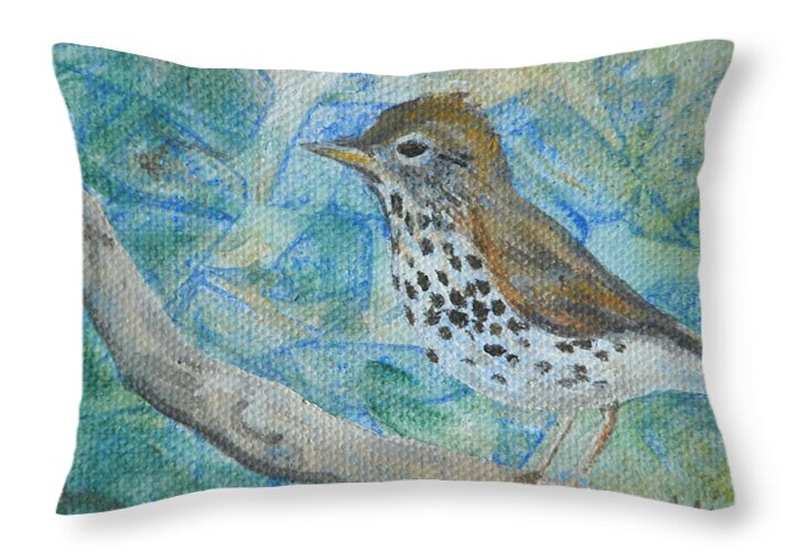 Bird Throw Pillow featuring the painting Wood Thrush - Bird in the Wild by Arlissa Vaughn