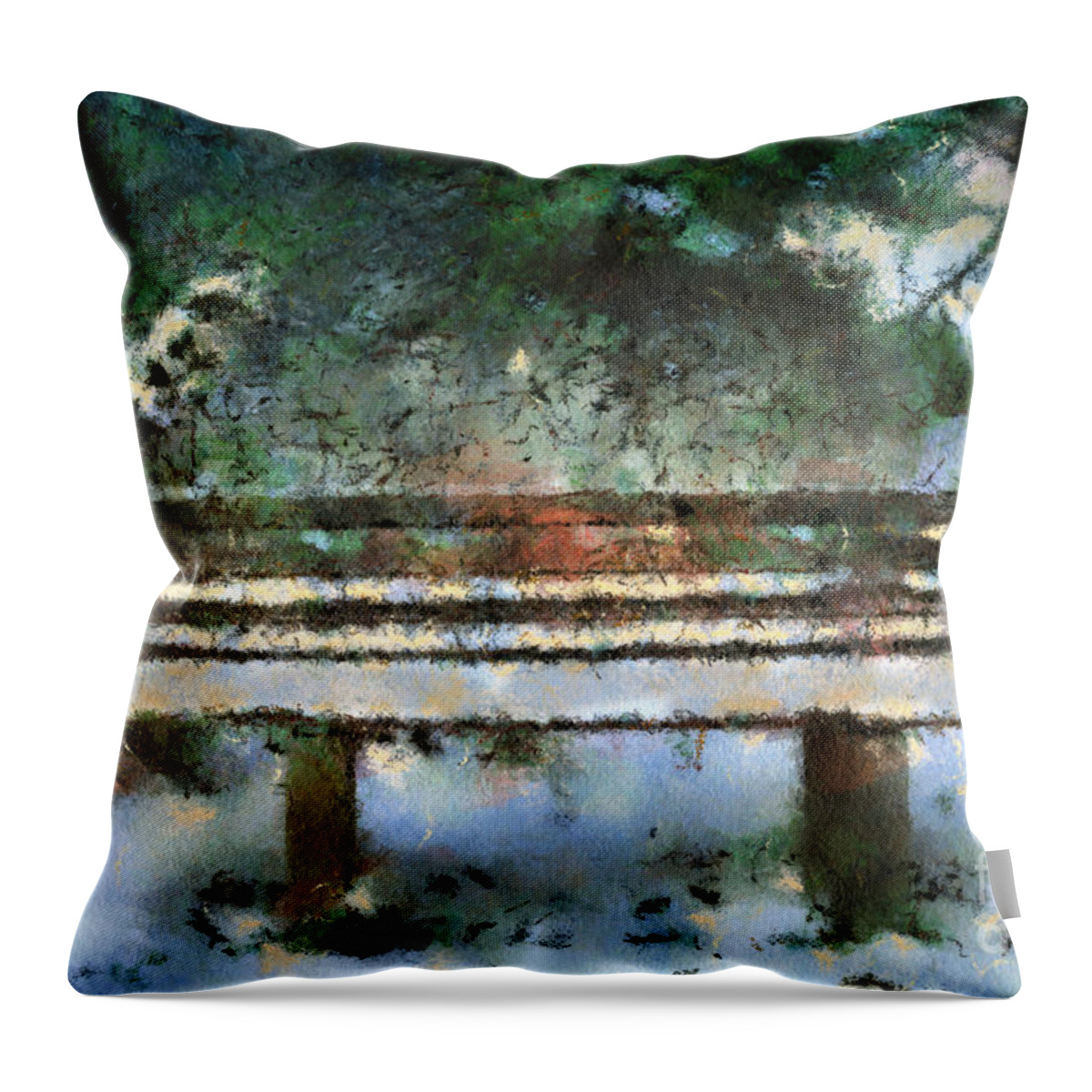 Winter Throw Pillow featuring the digital art Wooden Bench in the Forest by Gina Koch