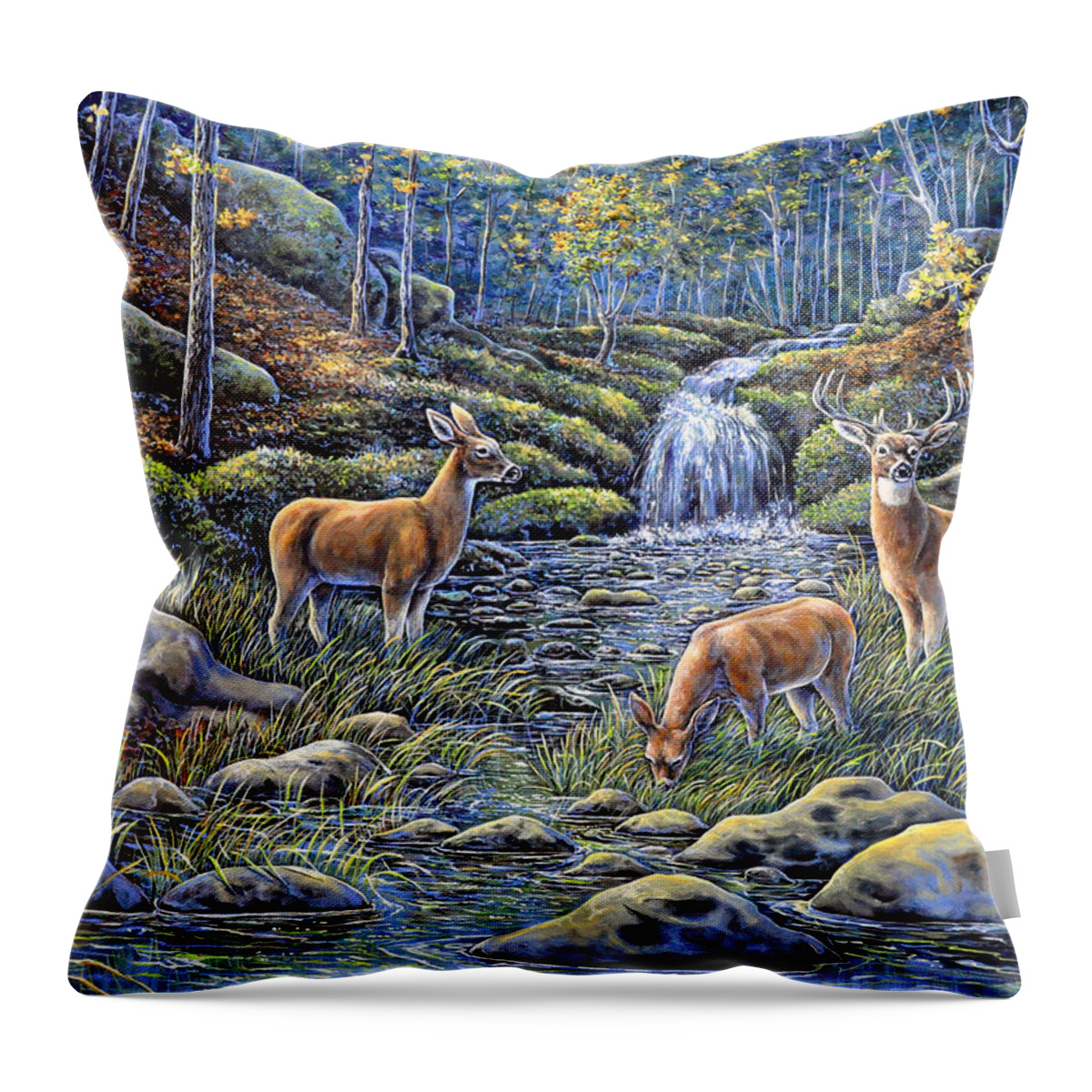 Landscape Mountains Waterfall Woods Stream Deer Sanctuary Nature Animal Trees Throw Pillow featuring the painting Woodland Sanctuary by Gail Butler