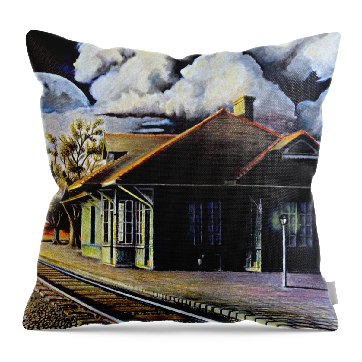 Train Station Drawing Throw Pillow featuring the drawing Woodstock Station by David Neace