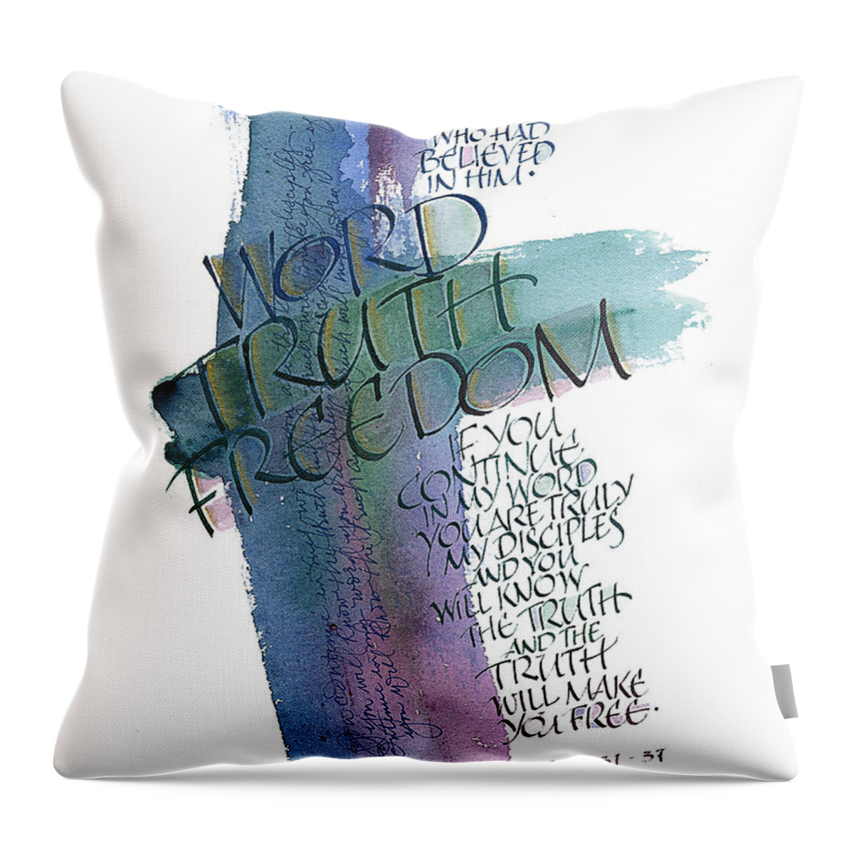 Bible Throw Pillow featuring the painting Word Truth Freedom by Judy Dodds