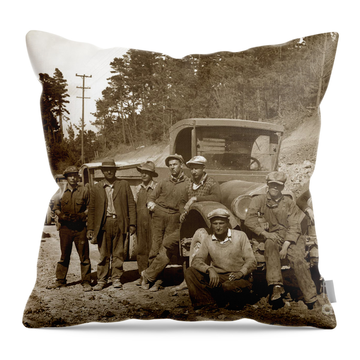 Workers Throw Pillow featuring the photograph Workers on Highway One Monterey Carmel Hill California 1929 by Monterey County Historical Society