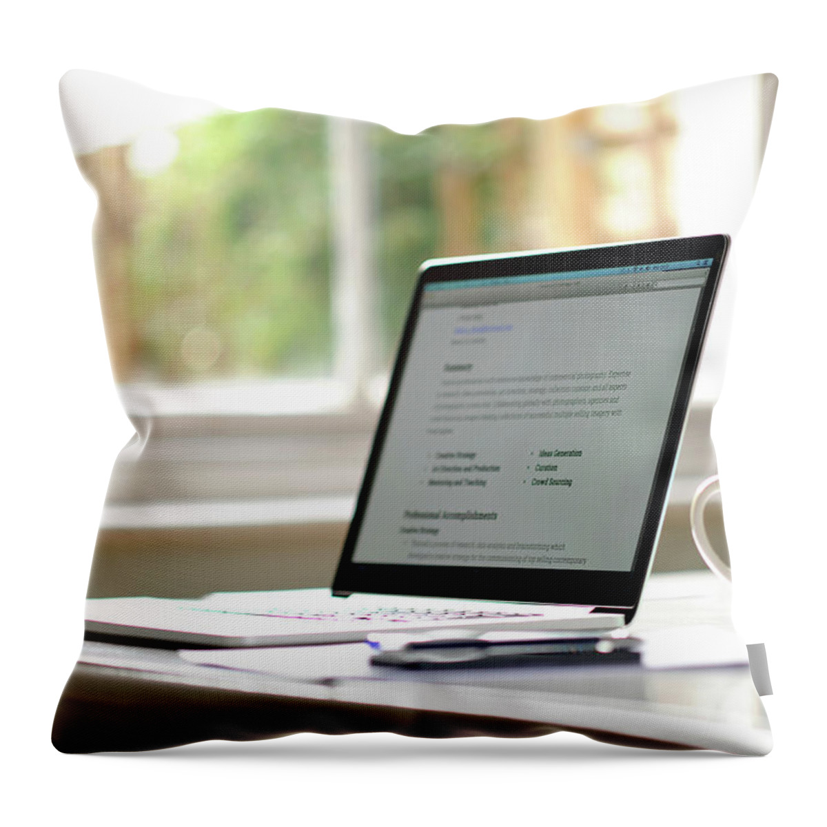 Technology Throw Pillow featuring the photograph Working From Home, Laptop With Mug By A by Johnnie Davis