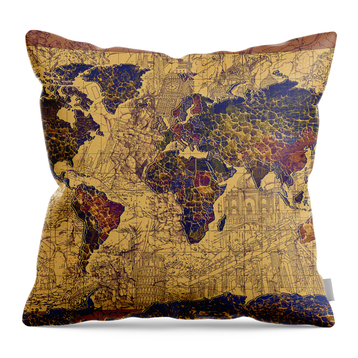 Map Of The World Throw Pillow featuring the painting World Map Vintage by Bekim M