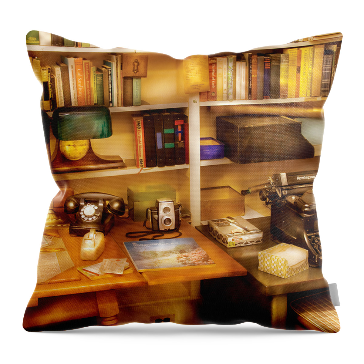 Savad Throw Pillow featuring the photograph Writer - The desk of a writer by Mike Savad