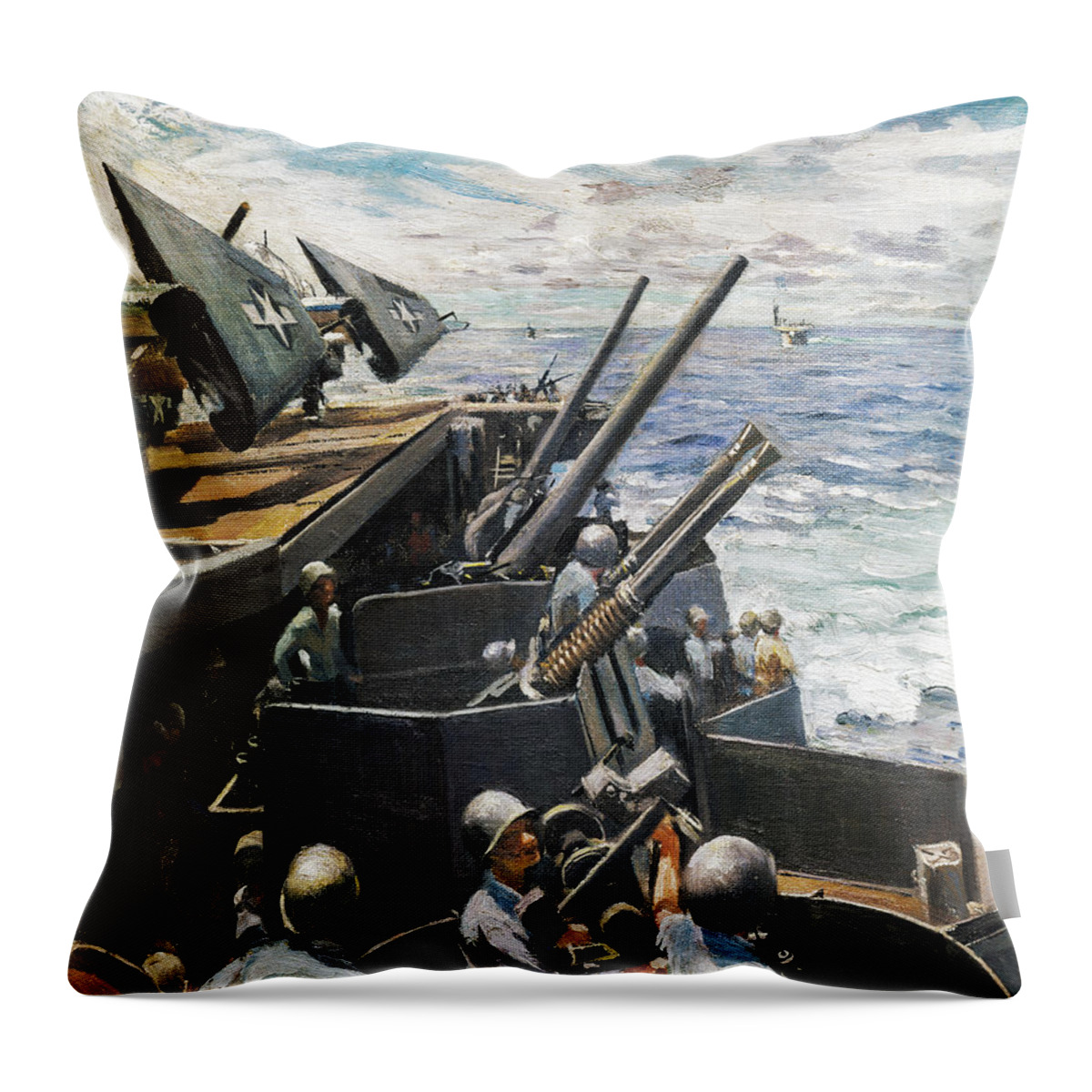 1944 Throw Pillow featuring the painting Wwii Aircraft Carrier by William Franklin Draper