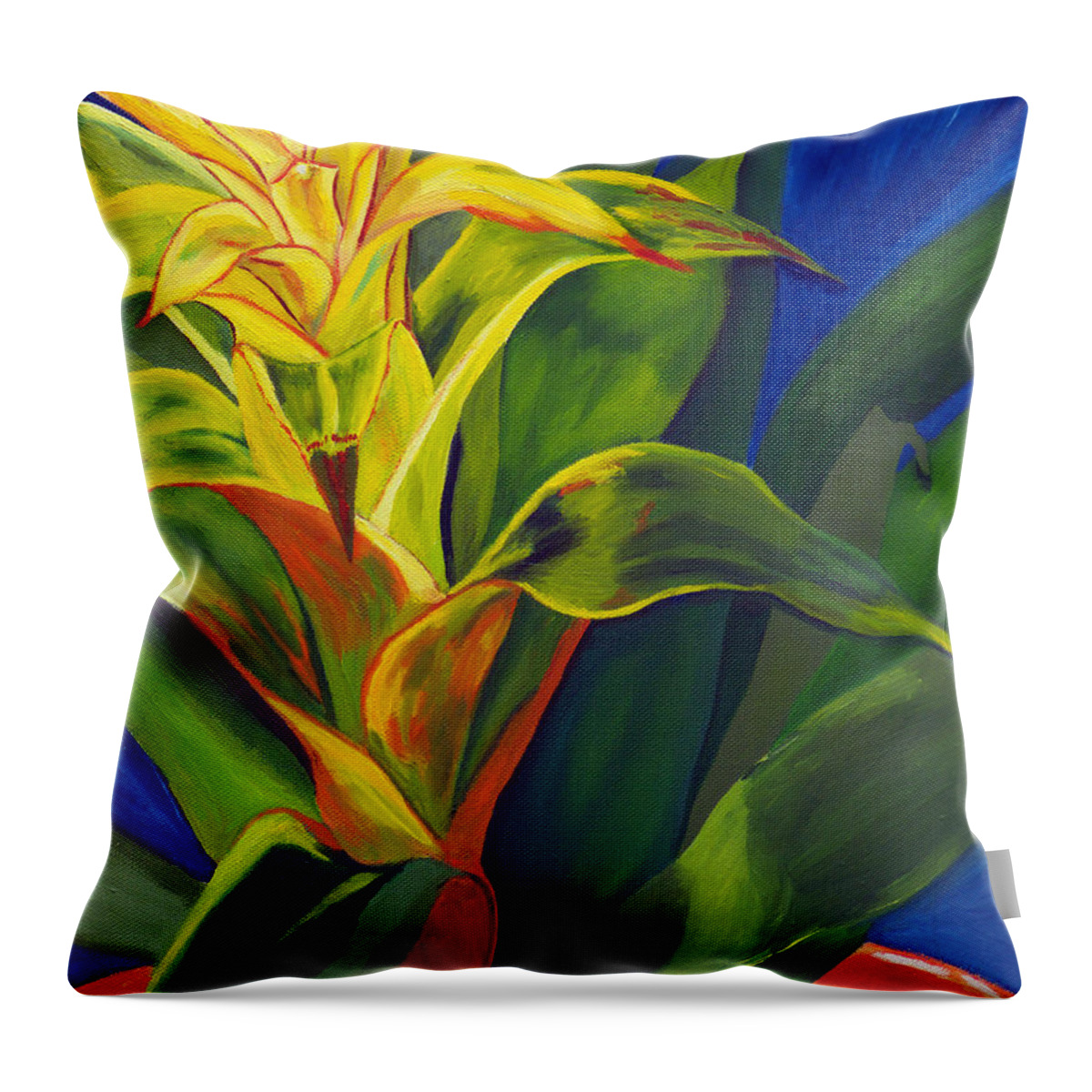 Warm And Cozy Throw Pillow featuring the painting Yellow Bromeliad by Annette M Stevenson