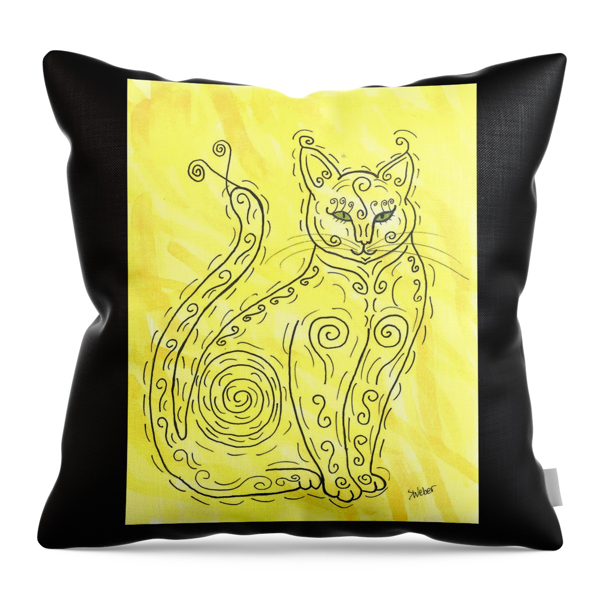Cat Throw Pillow featuring the painting Yellow Cat Squiggle by Susie Weber