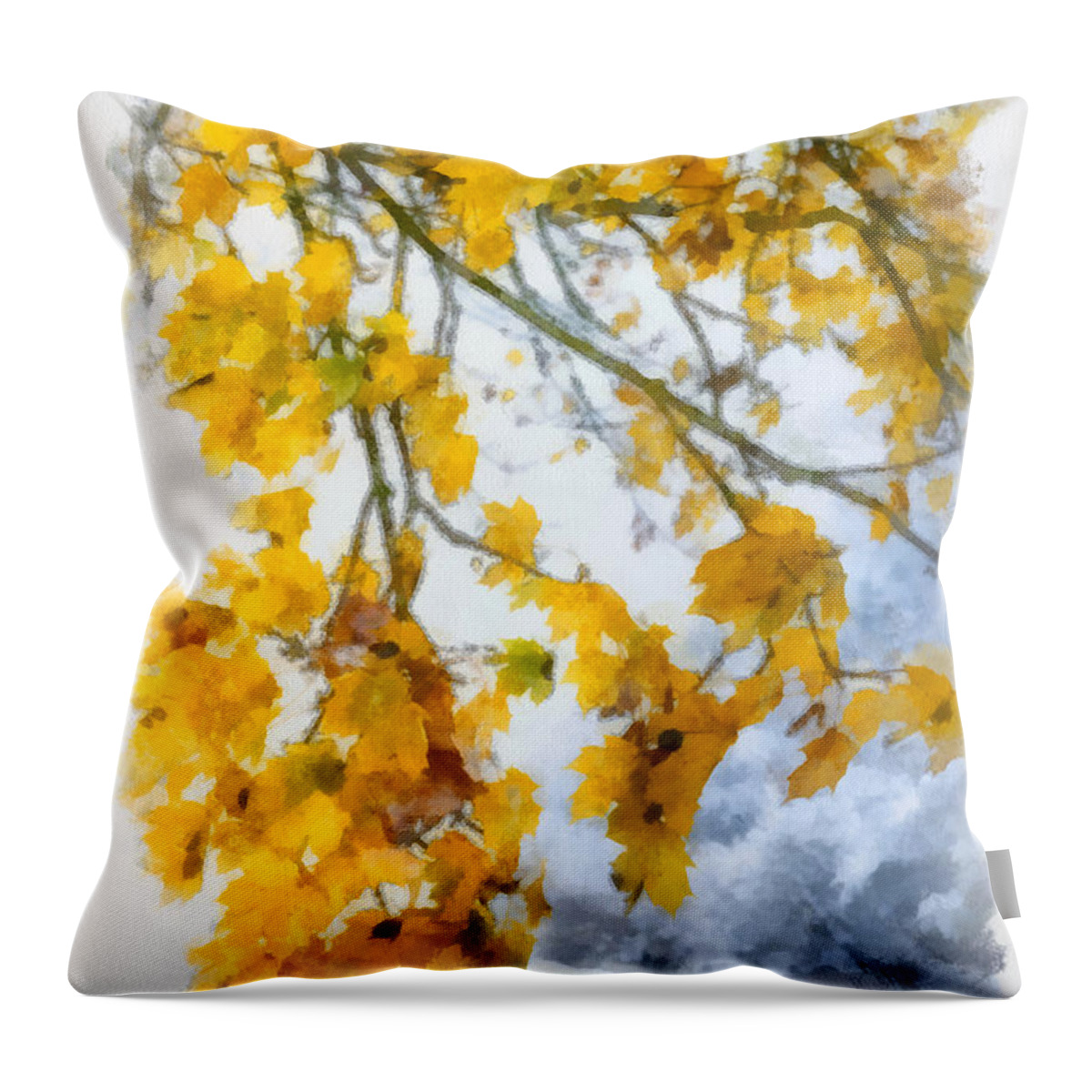 Fall Throw Pillow featuring the photograph Yellow leaves in fall - early winter brings the first snow - digital aquarell painting by Matthias Hauser