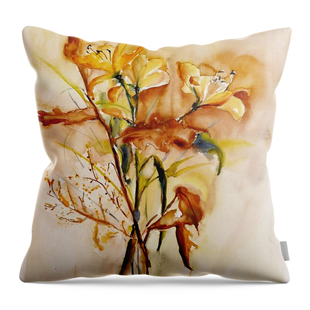 Painting Throw Pillow featuring the painting Yellow Lilies by Karina Plachetka