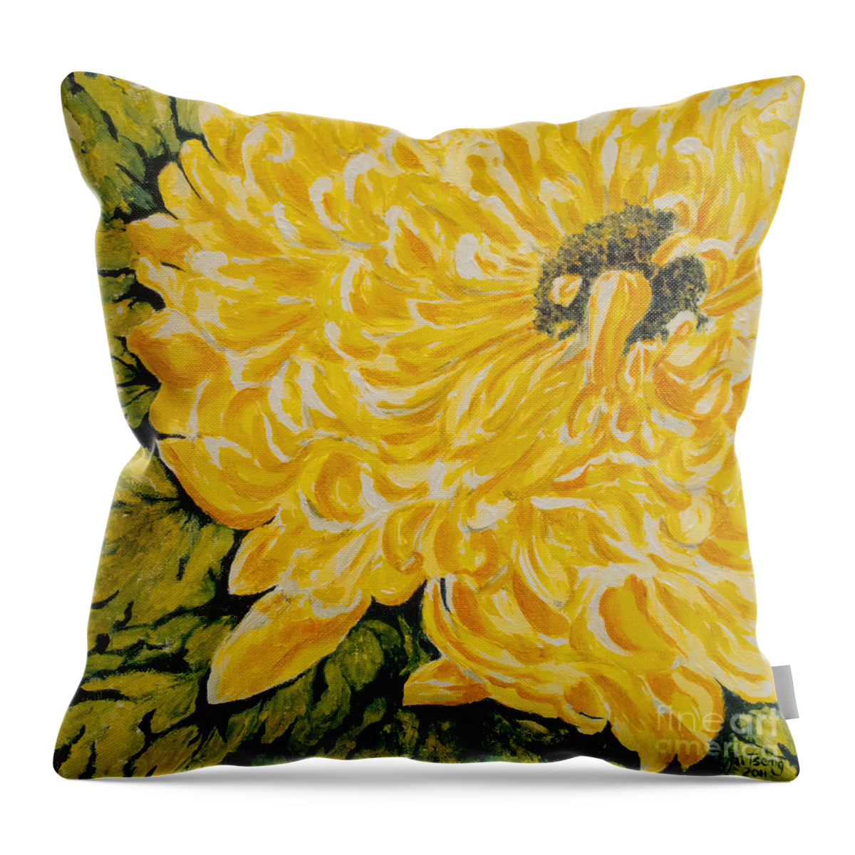 Yellow Mum Prints Throw Pillow featuring the painting Yellow Mum by Milly Tseng