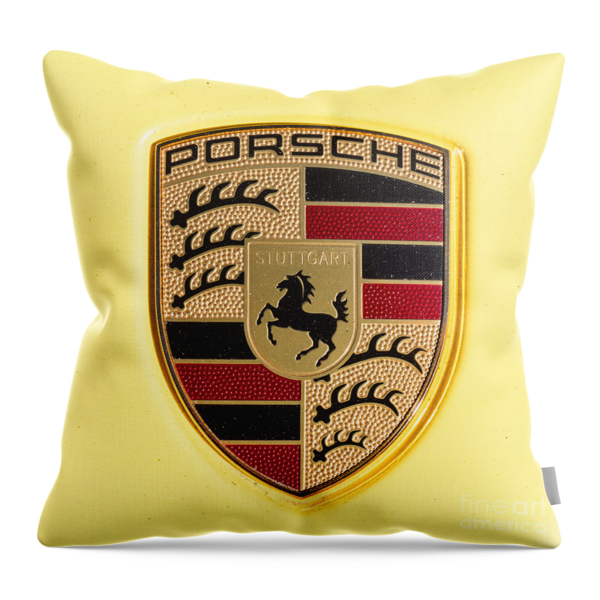 Porsche Emblem Throw Pillow featuring the photograph Yellow Porsche Emblem by Robert Loe