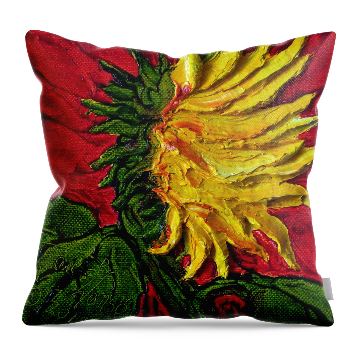 Red Throw Pillow featuring the painting Yellow Sunflower on Red by Paris Wyatt Llanso