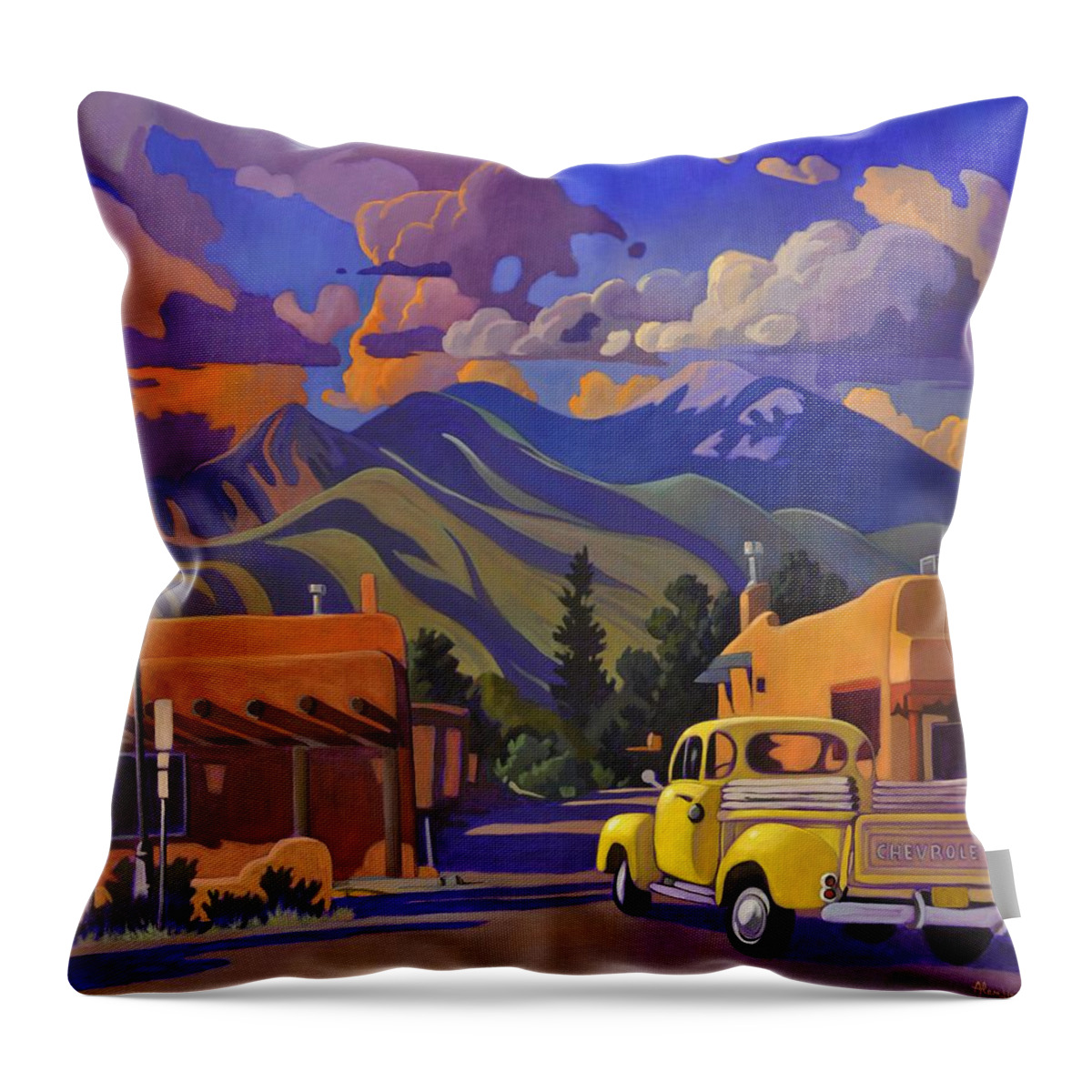 Taos Throw Pillow featuring the painting A Yellow Truck in Taos by Art West