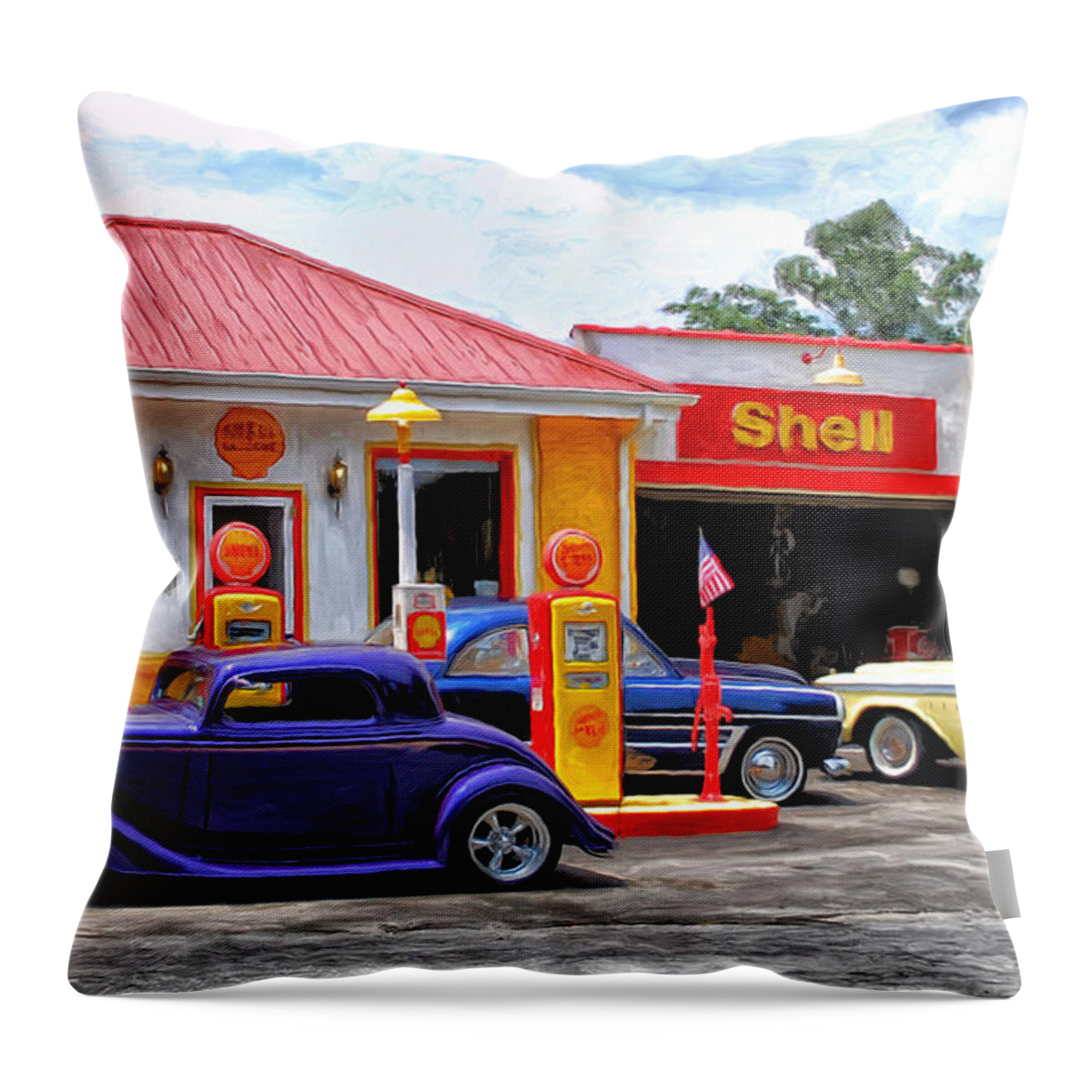 Gas Station Throw Pillow featuring the painting Yesterday's Shell Station by Michael Pickett