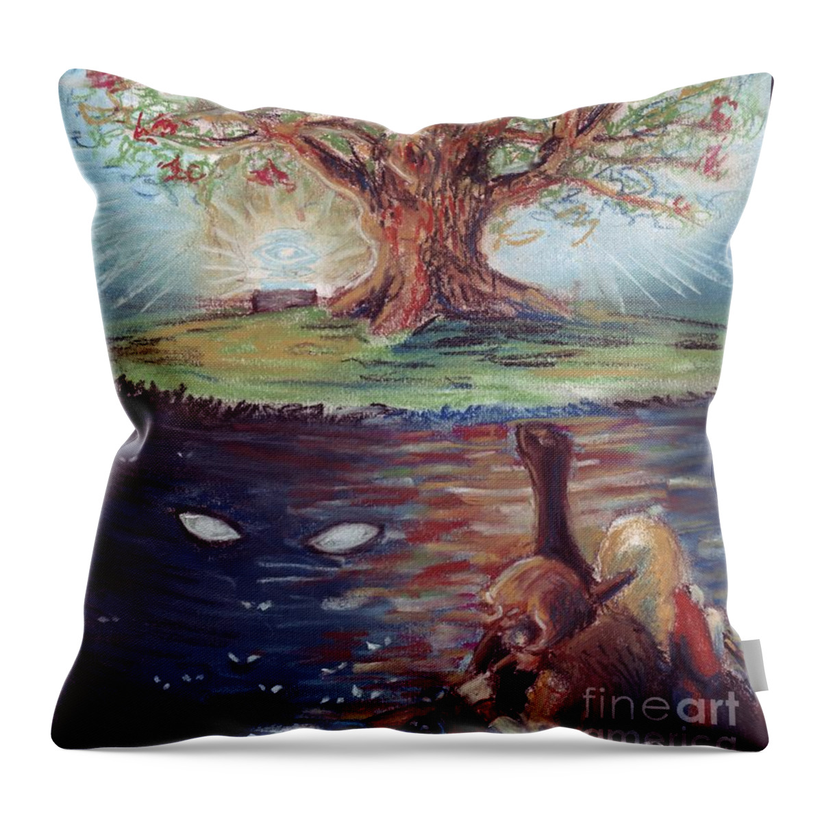 Yggdrasil Throw Pillow featuring the pastel Yggdrasil - the Last Refuge by Samantha Geernaert