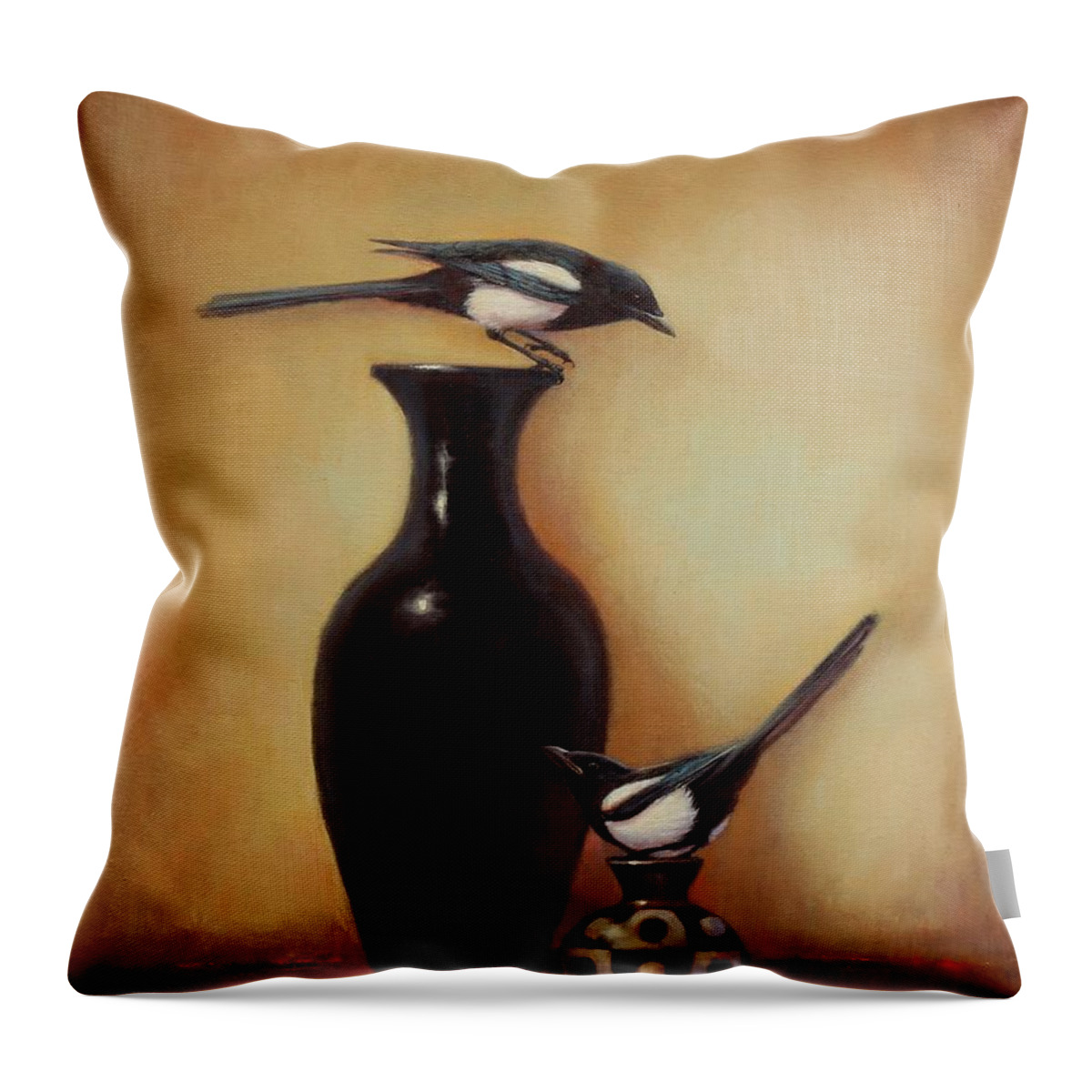 Black And White Throw Pillow featuring the painting Yin Yang - Magpies by Lori McNee