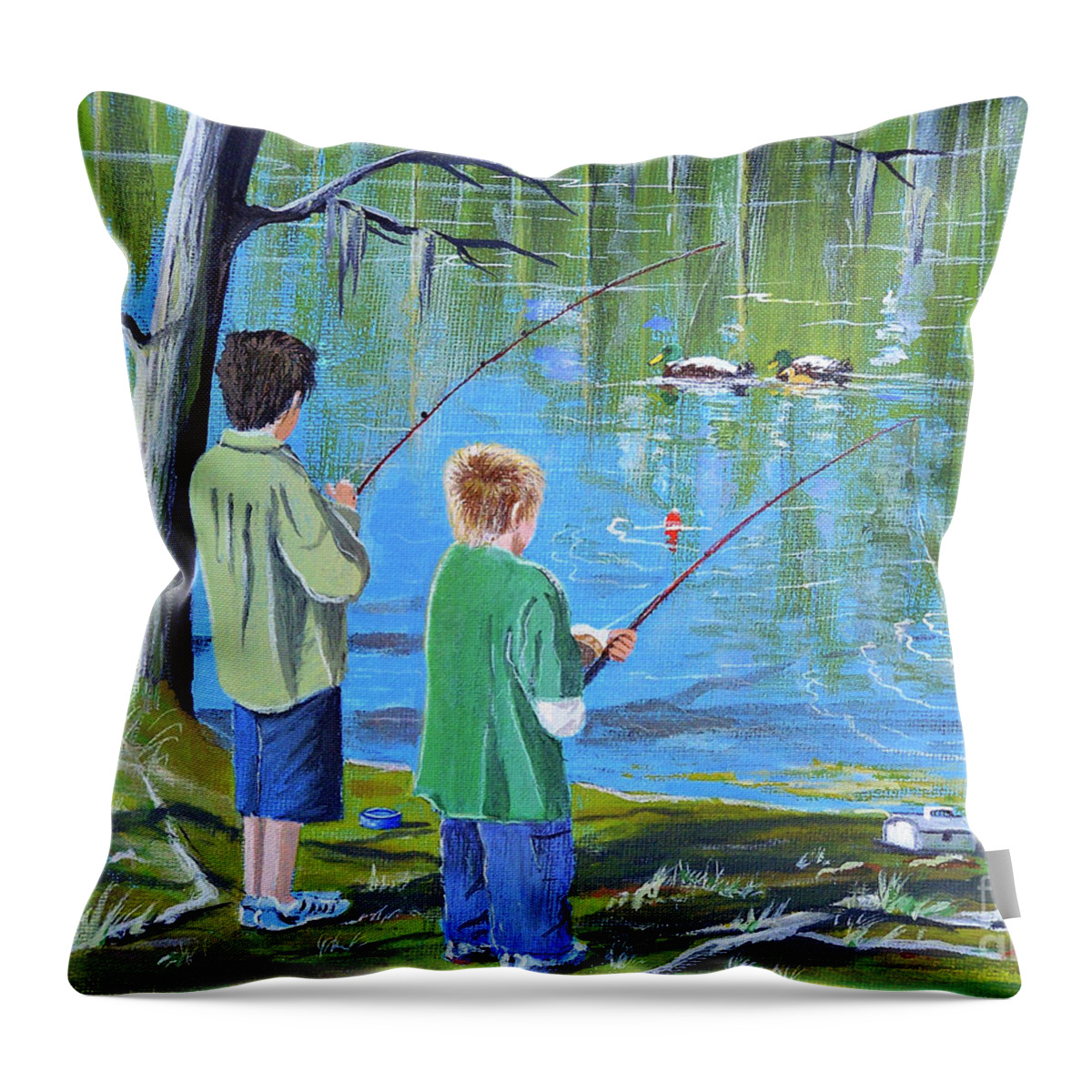 Fishing Throw Pillow featuring the painting Young Lads Fishing by Bill Holkham