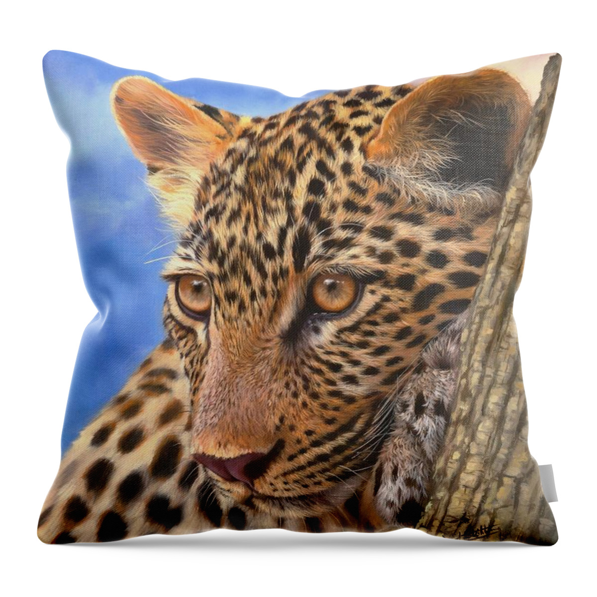 Leopard Throw Pillow featuring the painting Young Leopard by David Stribbling