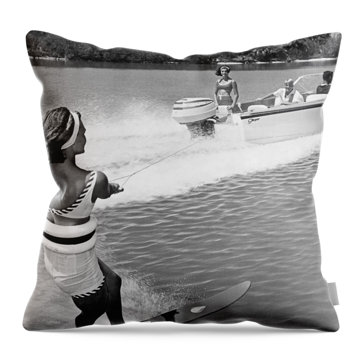 1960s Throw Pillow featuring the photograph Young Woman Slalom Water Skis by Underwood Archives