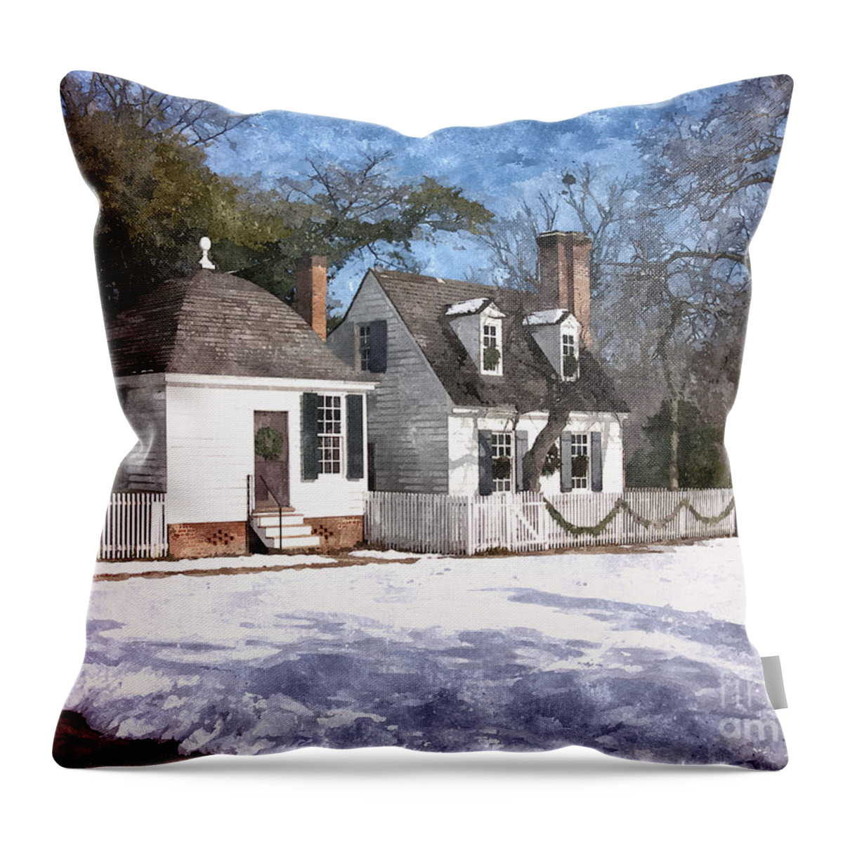 Cottage Throw Pillow featuring the painting Yule Cottage by Shari Nees