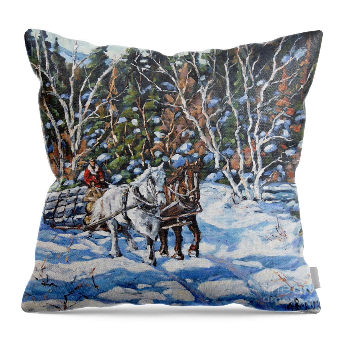 Art Throw Pillow featuring the painting Horses Hauling wood in winter by Prankearts by Richard T Pranke