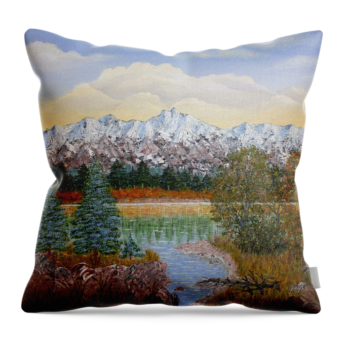 Landscape With Water Mountain Trees Throw Pillow featuring the painting Mountain Fall by Georgeta Blanaru