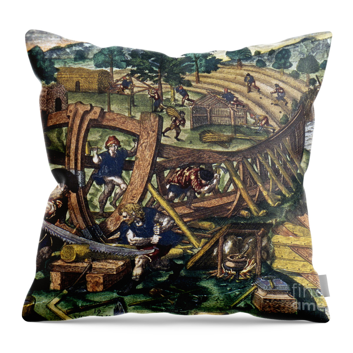 1594 Throw Pillow featuring the photograph AMERICA: SHIPBUILDING, c1594 #1 by Granger