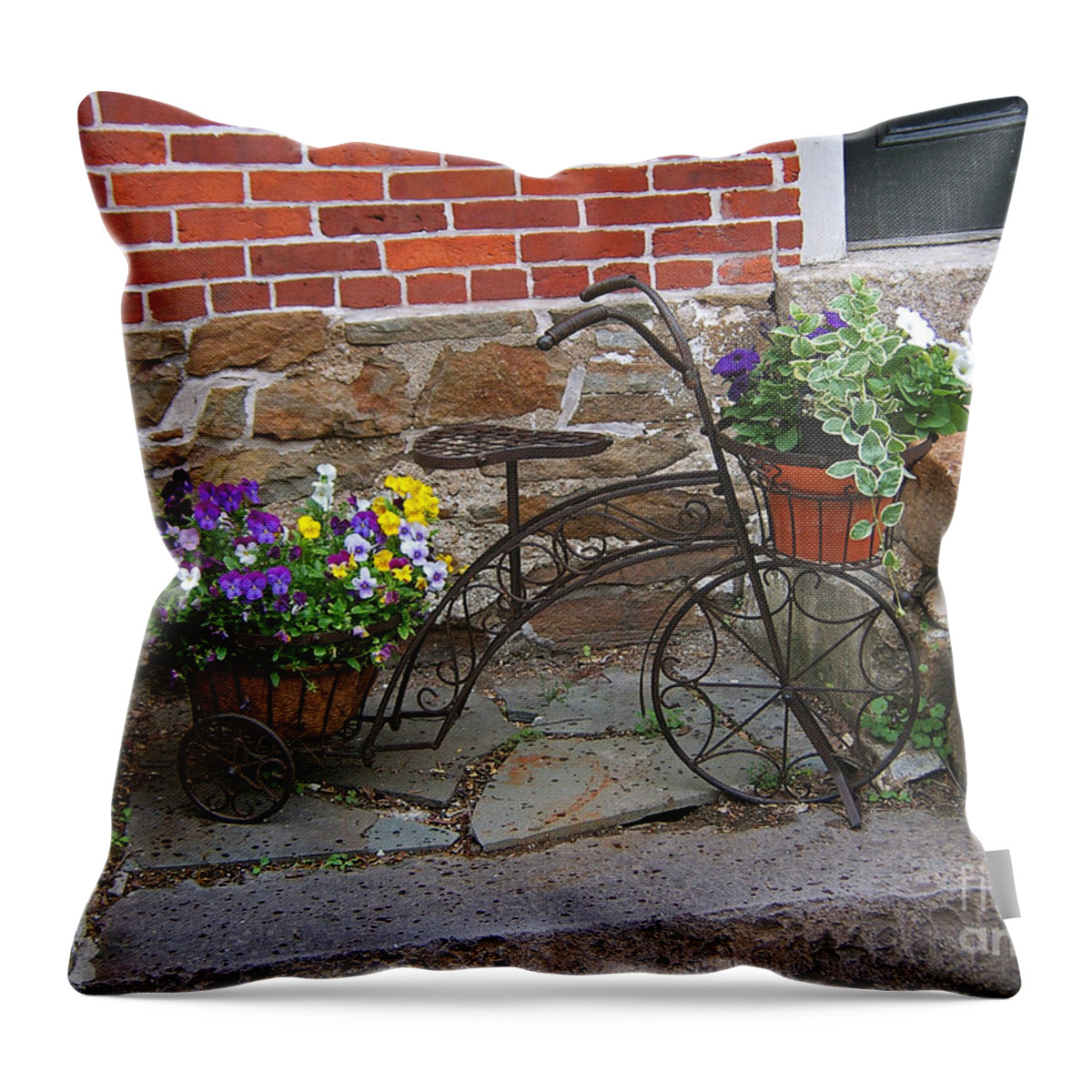 Bicycle Throw Pillow featuring the photograph Flower Bicycle Basket by Val Miller