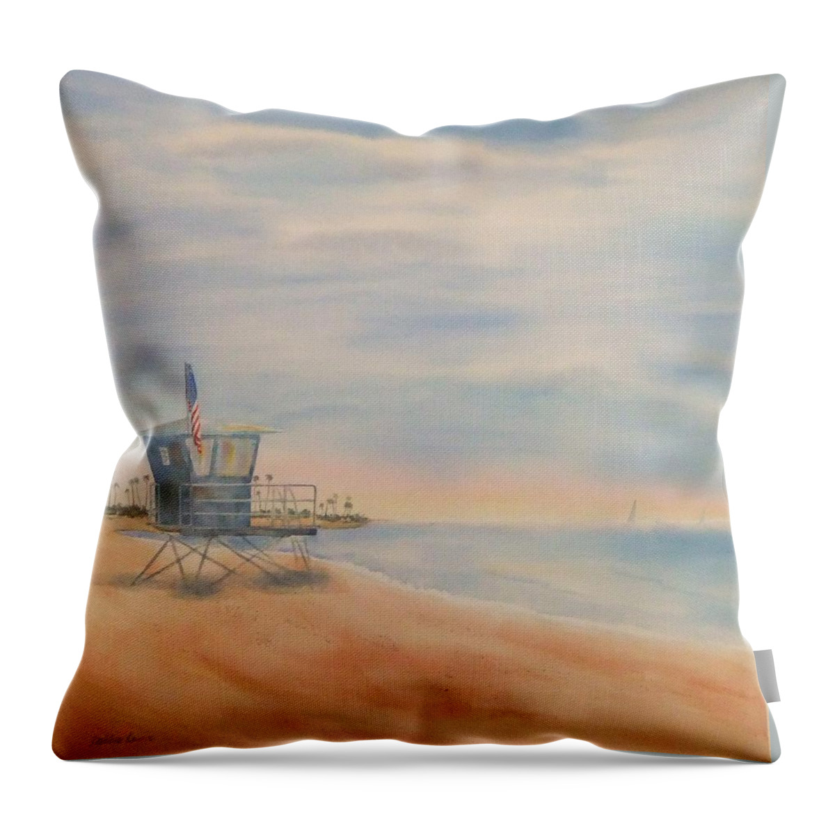 Watercolor Landscape Throw Pillow featuring the painting Morning by the Beach by Debbie Lewis