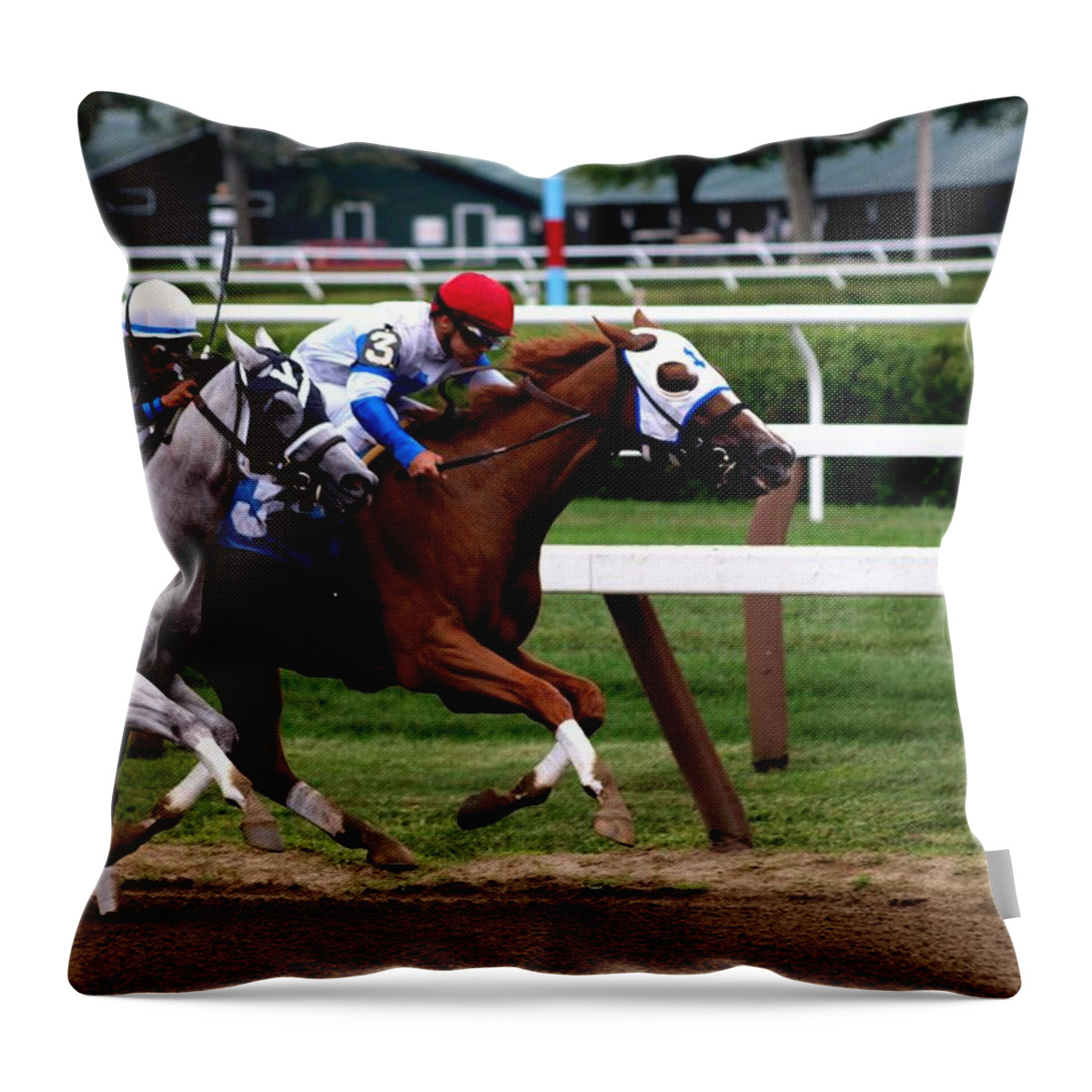 Horse Racing Throw Pillow featuring the photograph Neck and Neck at Saratoga One #1 by Joshua House