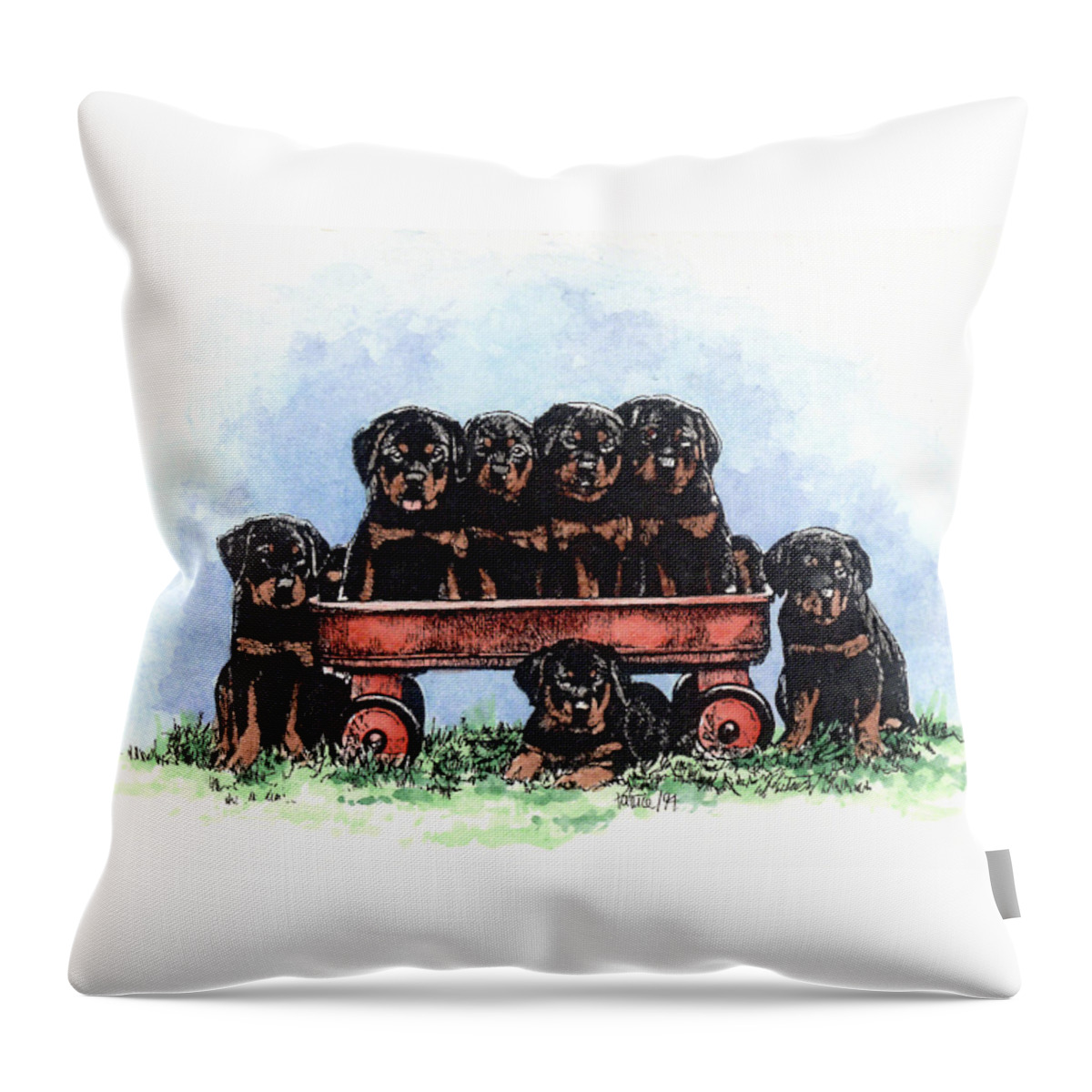 Rottweiler Throw Pillow featuring the painting Rottie Pups in a Wagon by Patrice Clarkson