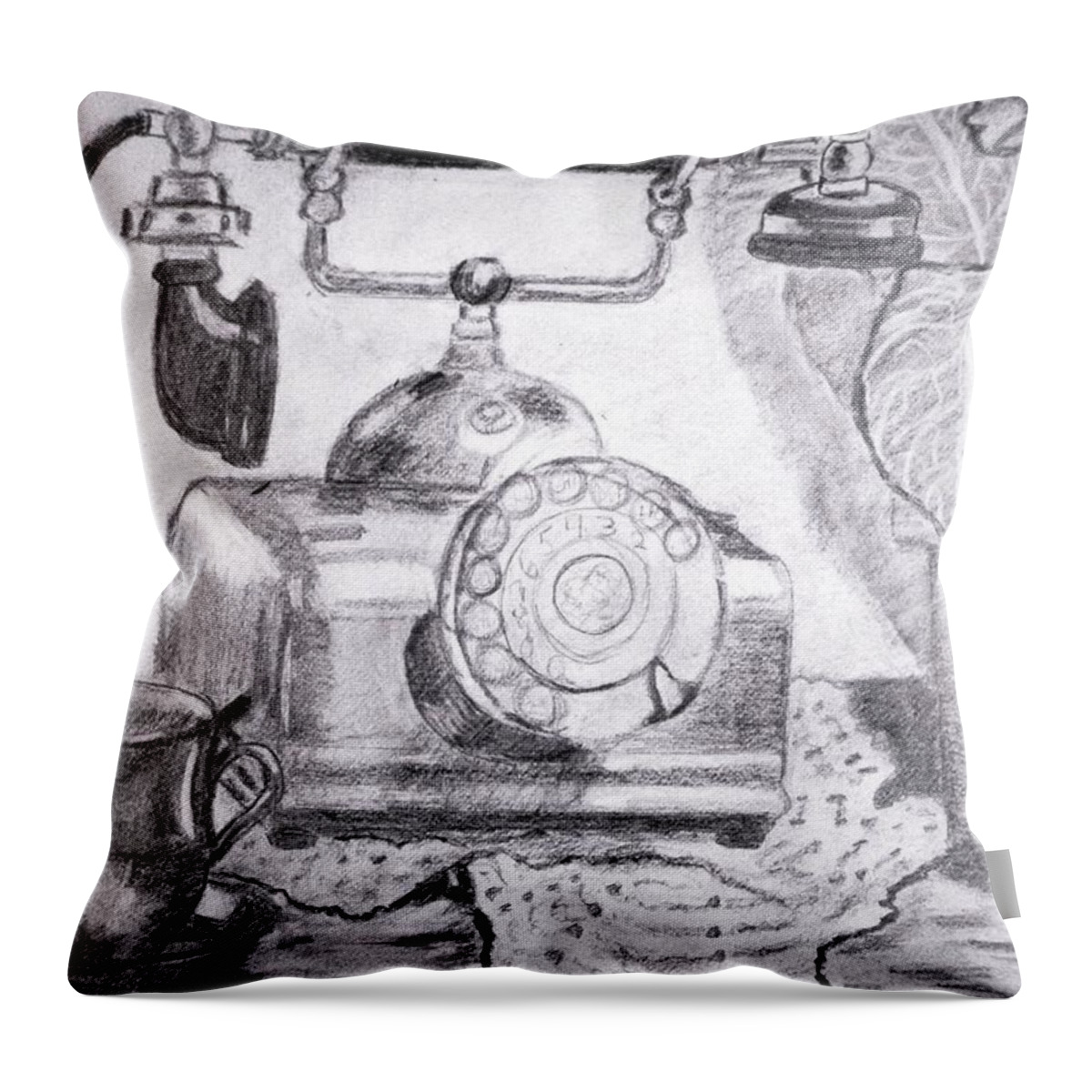 Antique Phone Throw Pillow featuring the drawing Tea Time by Vickie G Buccini